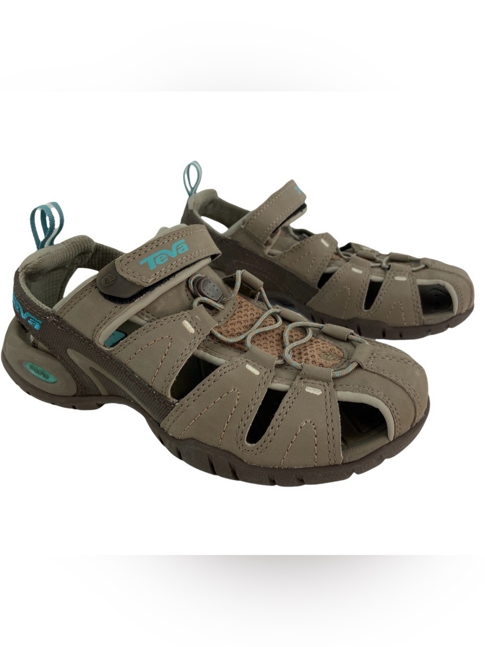 EVA 4173 Dozier Brown Blue Bungee Cord Shoc Pad Sandals Water Shoes size 9